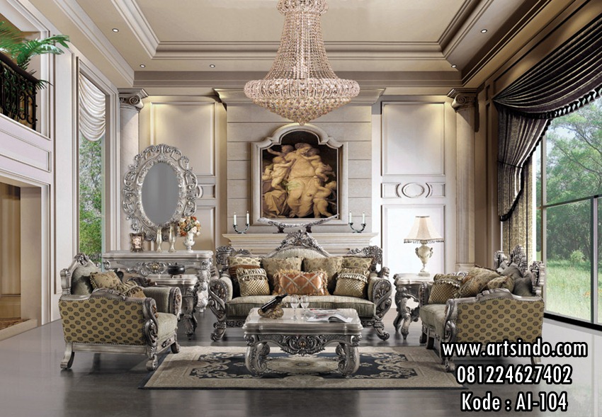 Sofa Mewah Ruang Tamu Silver Klasik Ukir