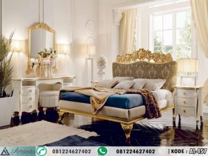 Set Tempat Tidur Ukir Mewah Putih Gold Klasik AI-457