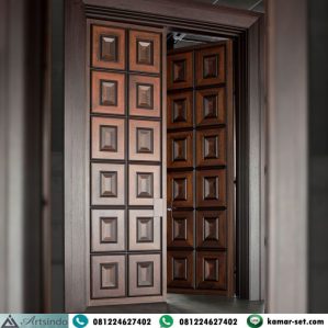 Pintu Rumah Mewah Minimalis Panel Kotak 3D Piramid Kayu Jati