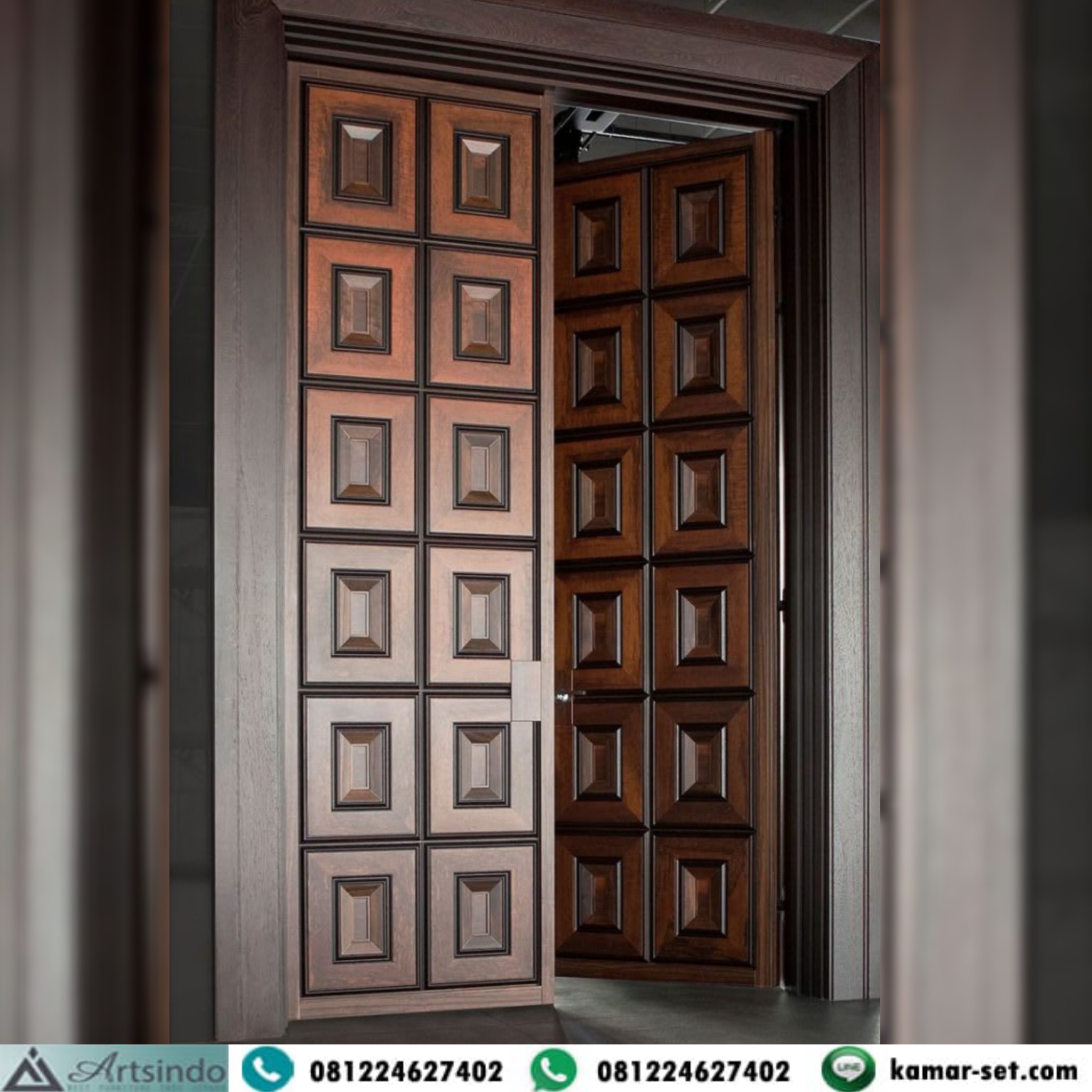 Pintu Rumah Mewah Minimalis Panel Kotak 3D Piramid Kayu Jati