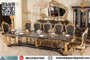 Meja Makan Mewah Klasik Ukir Hitam Gold