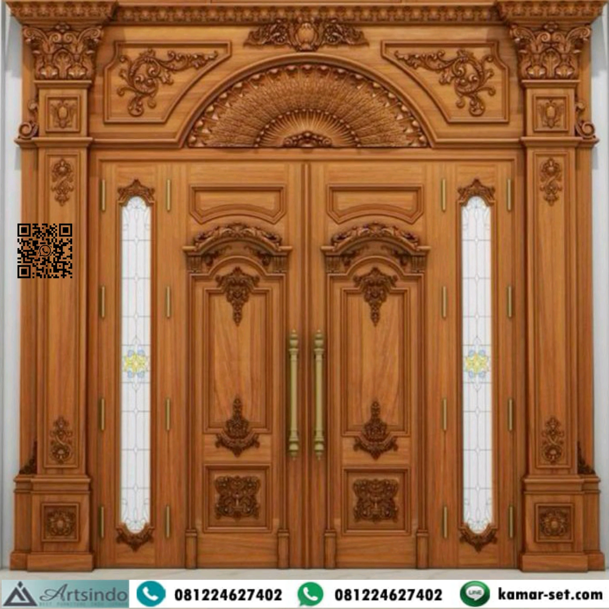 Pintu Utama Rumah Mewah Kayu Jati Kaca Patri Klasik